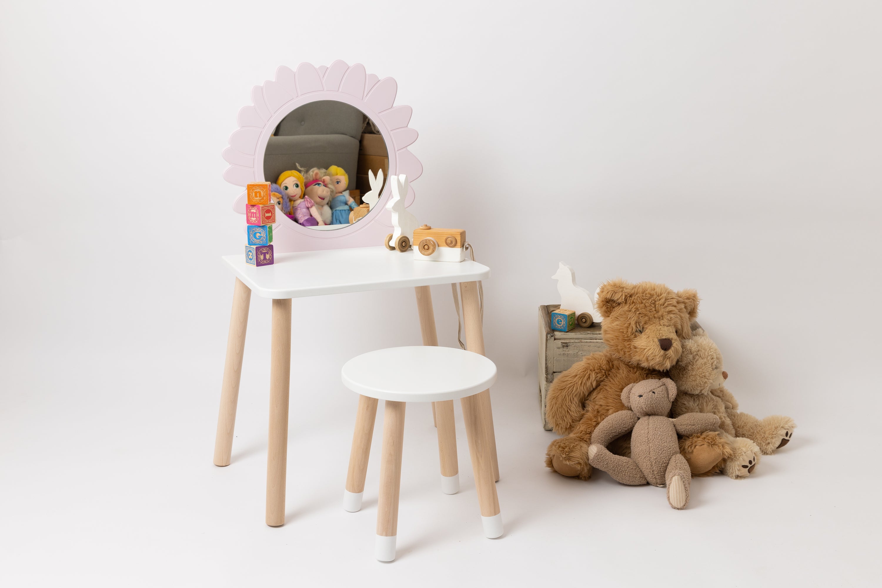 Toddler play table, Kid's activity table,Table and Chair Set, Children Room, Girls furniture,Dressing Table, vanity table, sensory table, kids craft table, gift for grandchild, wooden play table, nursery, nursery furnitures, pink furnitures, bear chair, flower mirror, pink table, 